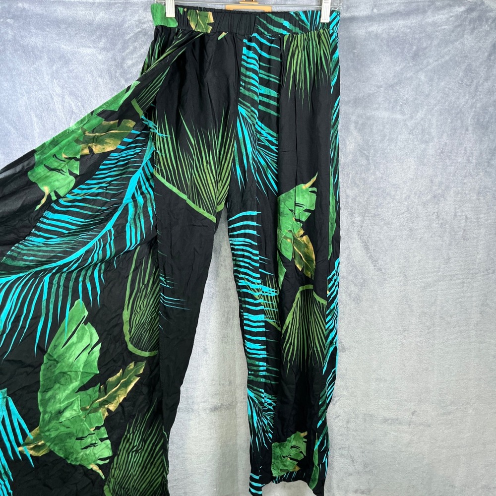 Wide Leg Tropical Print Pants - Black & Green